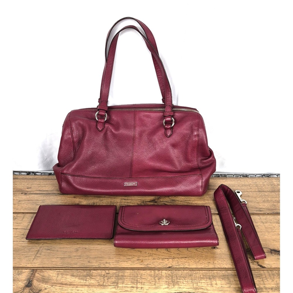 COACH Kathryn Satchel Women Large Bordeaux Good Triple Zip Leather Wallet Set